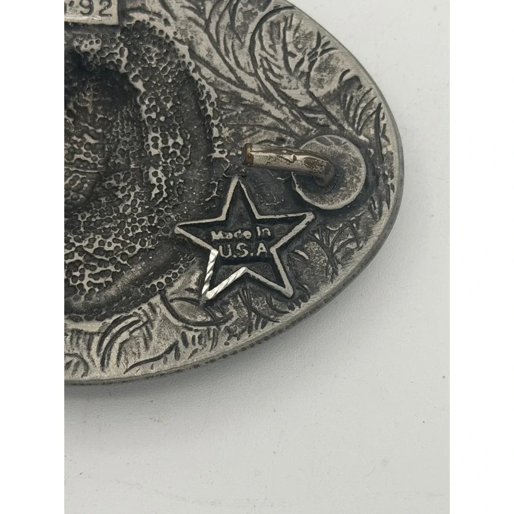 Vintage 1992 EGE Pewter Western Belt Buckle Horse Horseshoe Ornate Scroll USA